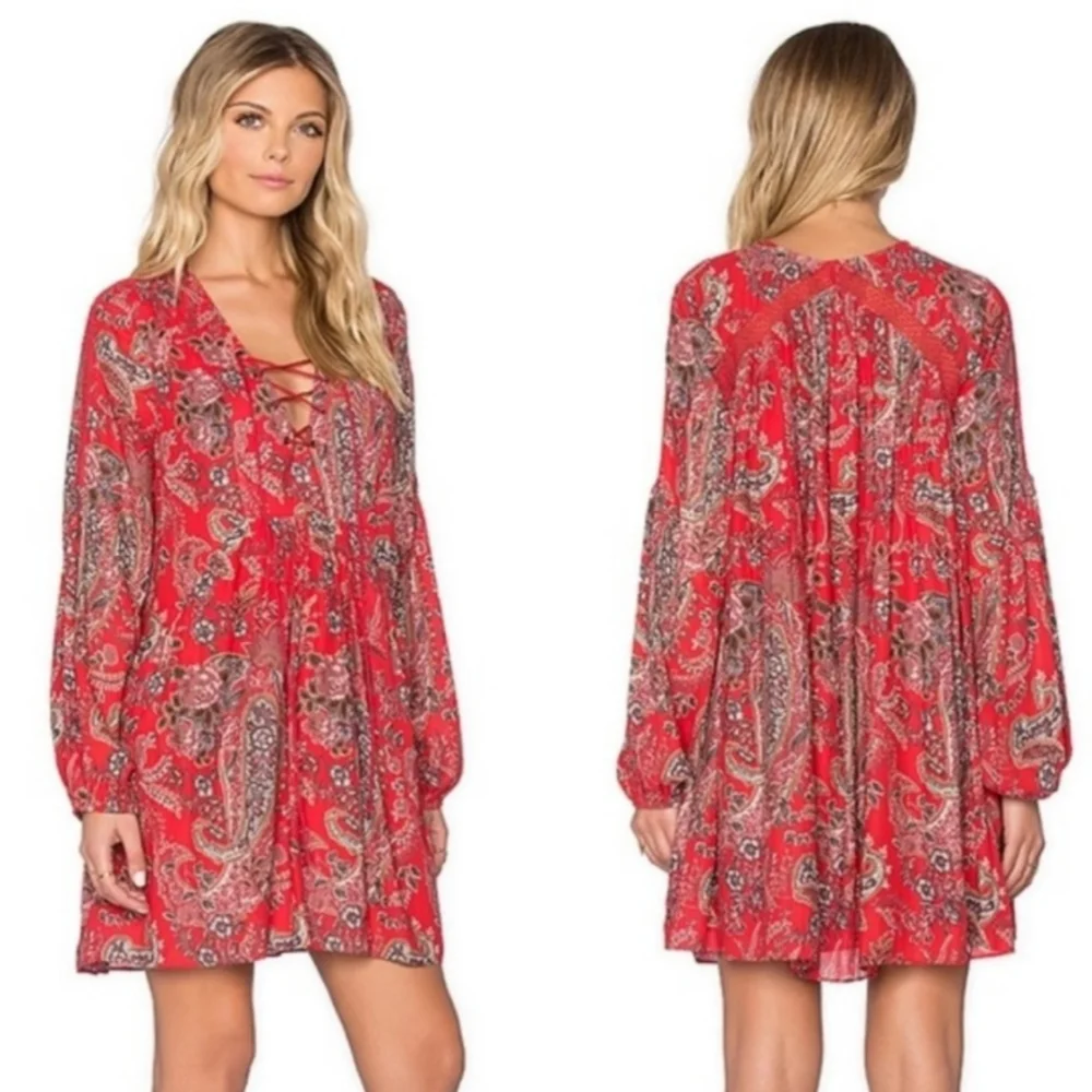 Free‎ People Red Rain or Shine Paisley Tunic Top